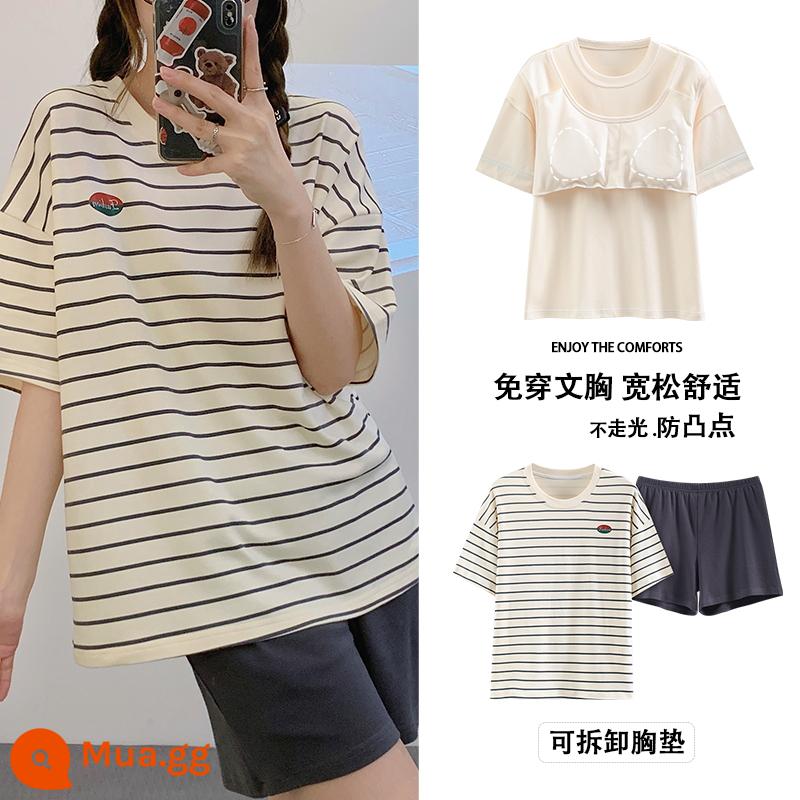 Bộ đồ ngủ có đệm ngực nữ ngắn tay cotton hè mẫu xuân thu 2023 bộ đồ mặc nhà mới mặc ngoài được - khoai lang Mori