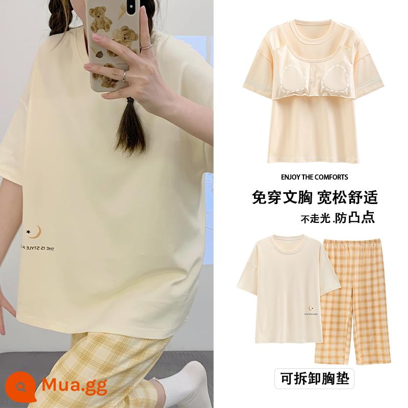 Bộ đồ ngủ có đệm ngực nữ ngắn tay cotton hè mẫu xuân thu 2023 bộ đồ mặc nhà mới mặc ngoài được - Đôi mắt ấm áp [Quần cắt]