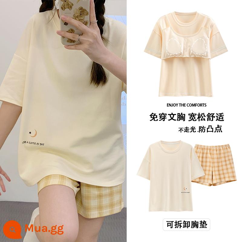 Bộ đồ ngủ có đệm ngực nữ ngắn tay cotton hè mẫu xuân thu 2023 bộ đồ mặc nhà mới mặc ngoài được - Tư Vân