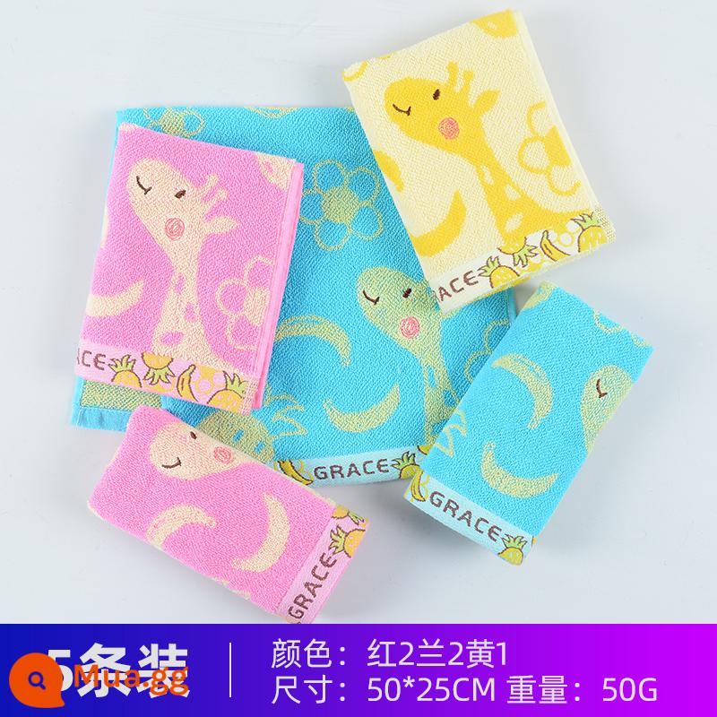 Khăn trẻ em Jie Liya cotton nguyên chất khăn nhỏ bông rửa mặt gia dụng mềm thấm hút nước không rụng lông khăn mặt nữ 5 cái - [Mẫu chất lượng] (đỏ 2 xanh 2 vàng 1) [Bông Tân Cương loại A] 5 miếng | Hươu cao cổ