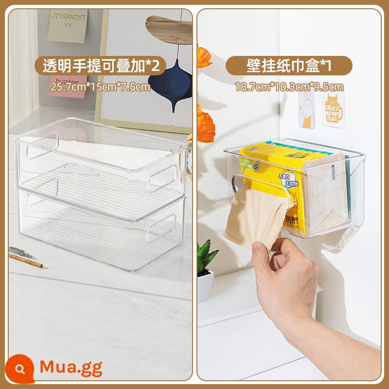 Máy Tính Để Bàn Hộp Lưu Trữ Acrylic Trong Suốt Giỏ Ký Túc Xá Văn Phòng Phẩm Đồ Lặt Vặt Hoàn Thiện Hộp Mặt Nạ Mỹ Phẩm Kệ - 2 gói túi xách trong suốt có thể xếp chồng lên nhau + 1 gói hộp khăn giấy acrylic