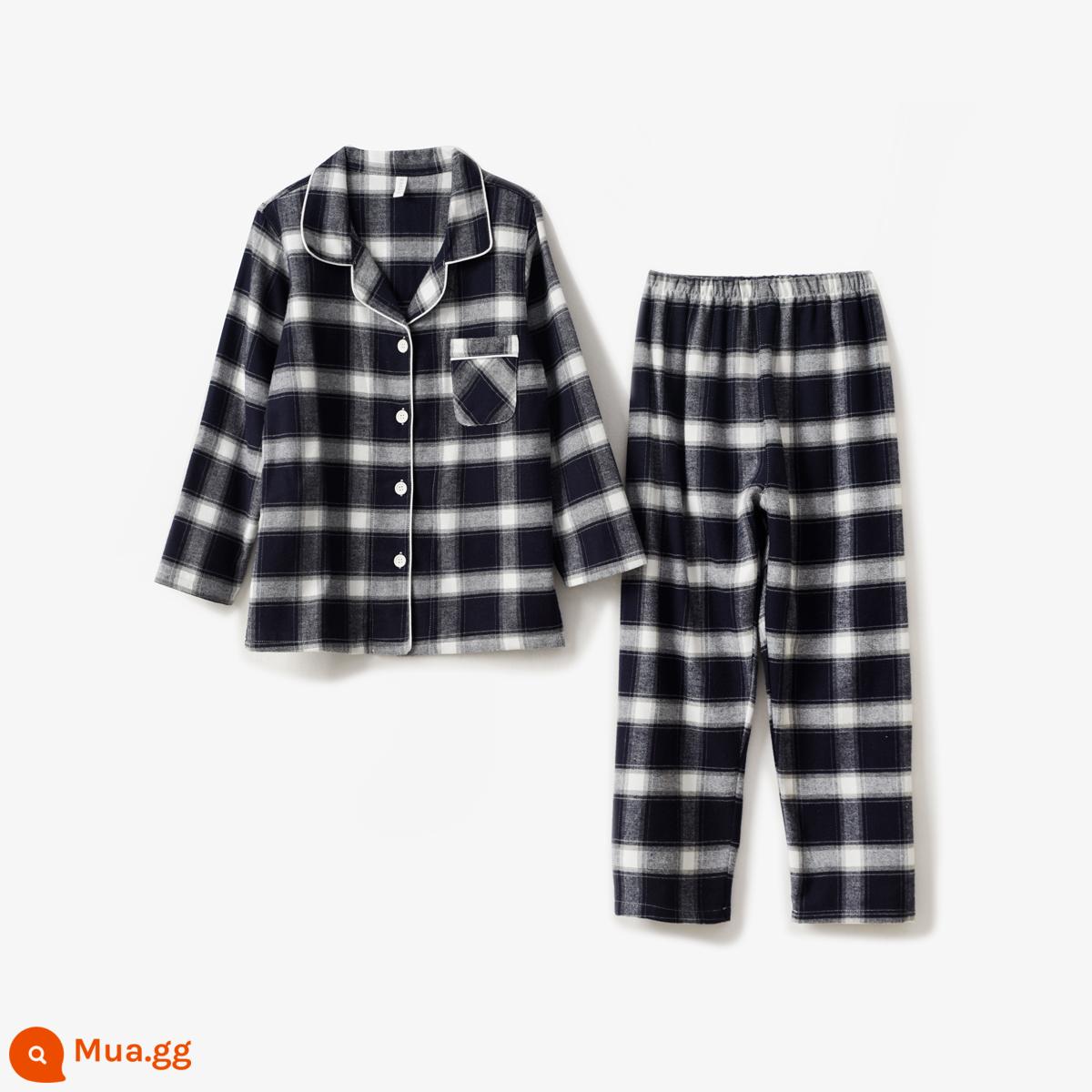 Đồ gia dụng Nhật Bản Bộ quần áo mặc ở nhà bằng cotton nguyên chất cho trẻ em Bộ đồ ngủ bé trai và bé gái Bộ đồ ngủ Quần trẻ trung và lớn Thu đông - Lưới lớn màu xanh và trắng