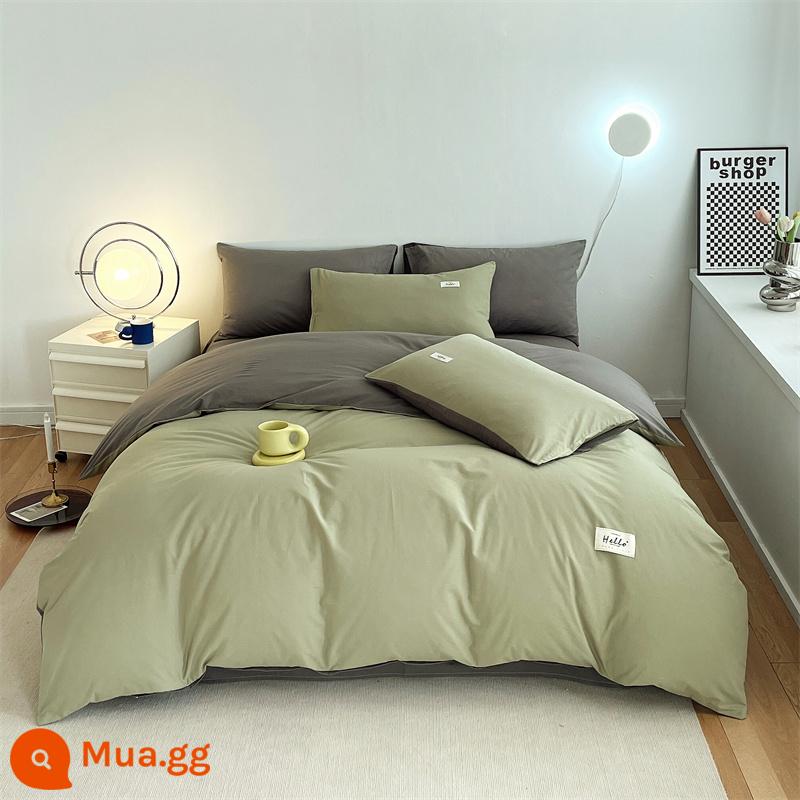 Vỏ chăn bông một mảnh được giặt sạch cotton nguyên chất dày đơn vỏ chăn 150x200 chải 4 món Bộ mùa đông chăn 3 4 - Xanh Matcha + xám nhạt [100% cotton Tân Cương, không vón cục, không phai màu]