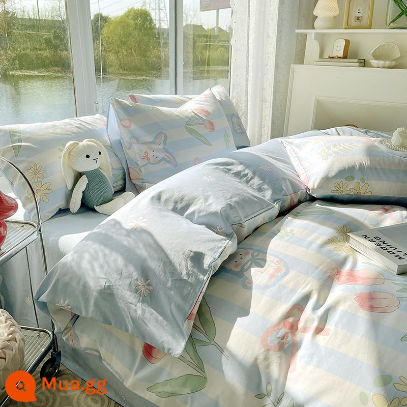 Cotton nguyên chất 4 mảnh 100 giường cotton 3 mảnh vỏ chăn ga trang bị ga trải giường ký túc xá sinh viên vỏ chăn mùa xuân 4 - Thỏ trắng [cotton thân thiện với da, thích hợp để ngủ khỏa thân]