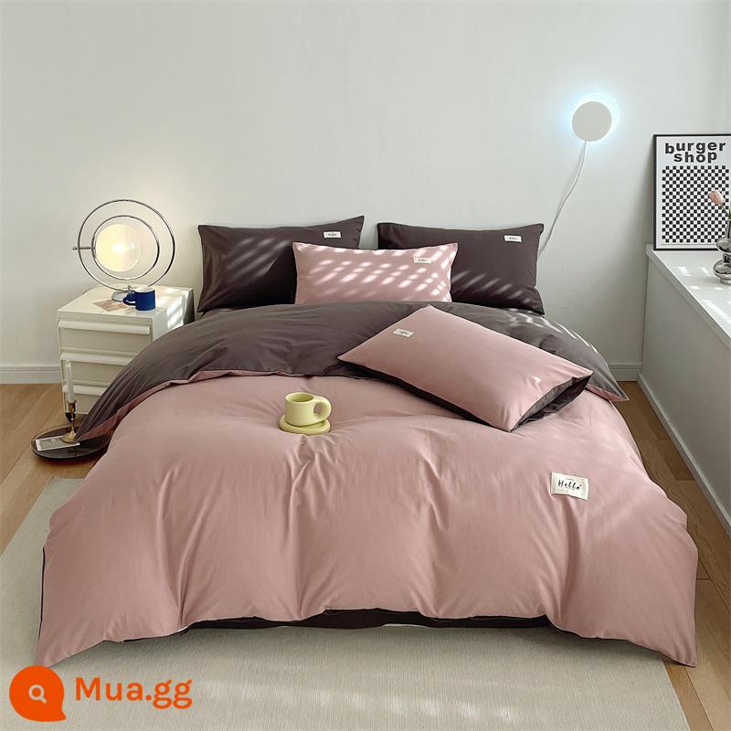 Vỏ chăn bông một mảnh được giặt sạch cotton nguyên chất dày đơn vỏ chăn 150x200 chải 4 món Bộ mùa đông chăn 3 4 - Bột đậu + xám đậm [100% cotton Tân Cương, không vón cục và không phai màu]