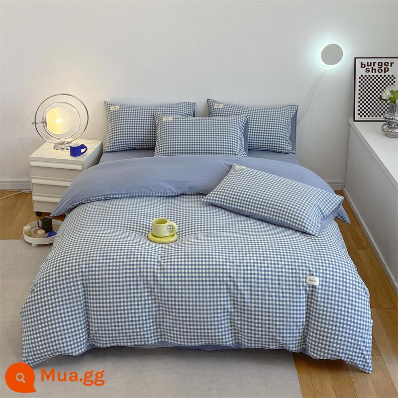 Vỏ chăn bông một mảnh được giặt sạch cotton nguyên chất dày đơn vỏ chăn 150x200 chải 4 món Bộ mùa đông chăn 3 4 - Lưới nhỏ màu xanh da trời [100% cotton Tân Cương, không vón cục, không phai màu]