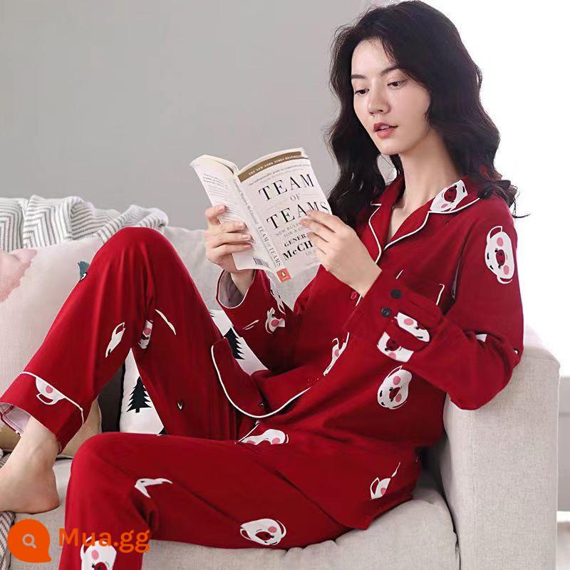 Bộ đồ ngủ cho nữ, bộ đồ dài tay cotton nguyên chất mùa xuân và mùa thu, cotton, bà mẹ trung niên và người già, cực lớn, mỏng, có thể mặc bên ngoài, quần áo ở nhà, mùa hè - Heo con XJ-608 màu hồng cam đỏ#Pure