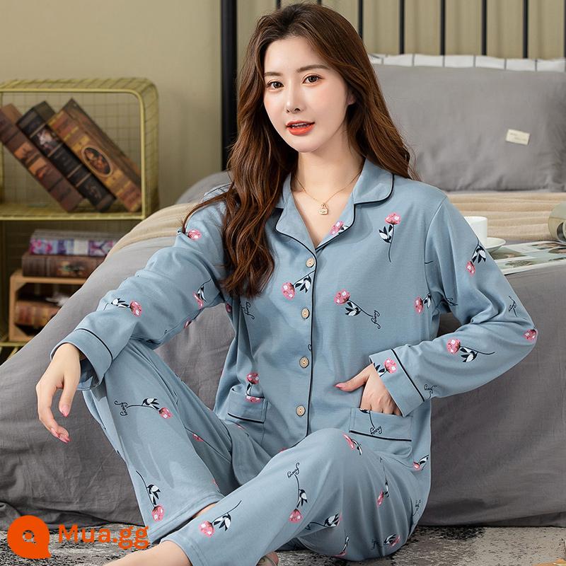 Bộ đồ ngủ cho nữ, bộ đồ dài tay cotton nguyên chất mùa xuân và mùa thu, cotton, bà mẹ trung niên và người già, cực lớn, mỏng, có thể mặc bên ngoài, quần áo ở nhà, mùa hè - Cyan MT-8214 Lake Blue#Pure Cotton