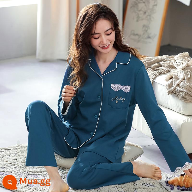 Bộ đồ ngủ cho nữ, bộ đồ dài tay cotton nguyên chất mùa xuân và mùa thu, cotton, bà mẹ trung niên và người già, cực lớn, mỏng, có thể mặc bên ngoài, quần áo ở nhà, mùa hè - Peacock Blue TF-2867# Cotton nguyên chất