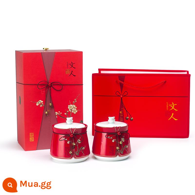 Dingyi Literati Tea Caddy Hộp quà tặng bằng gốm Bao bì Bán buôn Hộp trà tùy chỉnh Caddy trà Lễ hội mùa xuân Trà đạo Trang trí cao cấp - 113 Hộp quà tặng đôi kèn đỏ văn học Trung Quốc