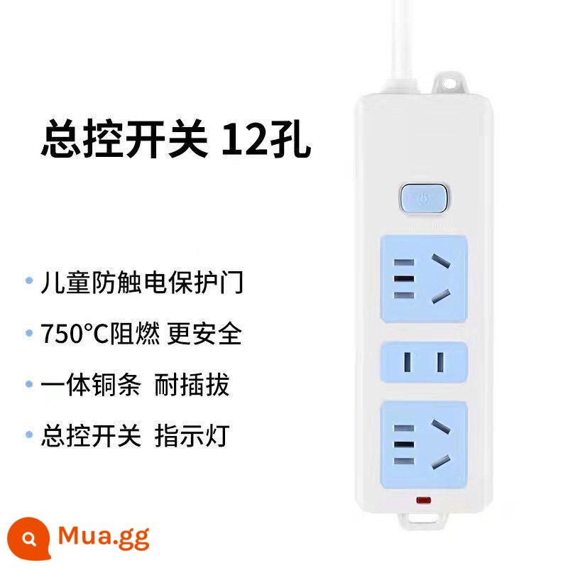 Bảng ổ cắm bằng đồng nguyên chất với bảng mạch plug-in tại nhà công tắc độc lập kéo dây nối dài 5/10 mét plug-in bảo vệ quá tải - Tổng chiều dài 1,8 mét, màu xanh và trắng, 3 ổ cắm, 12 lỗ