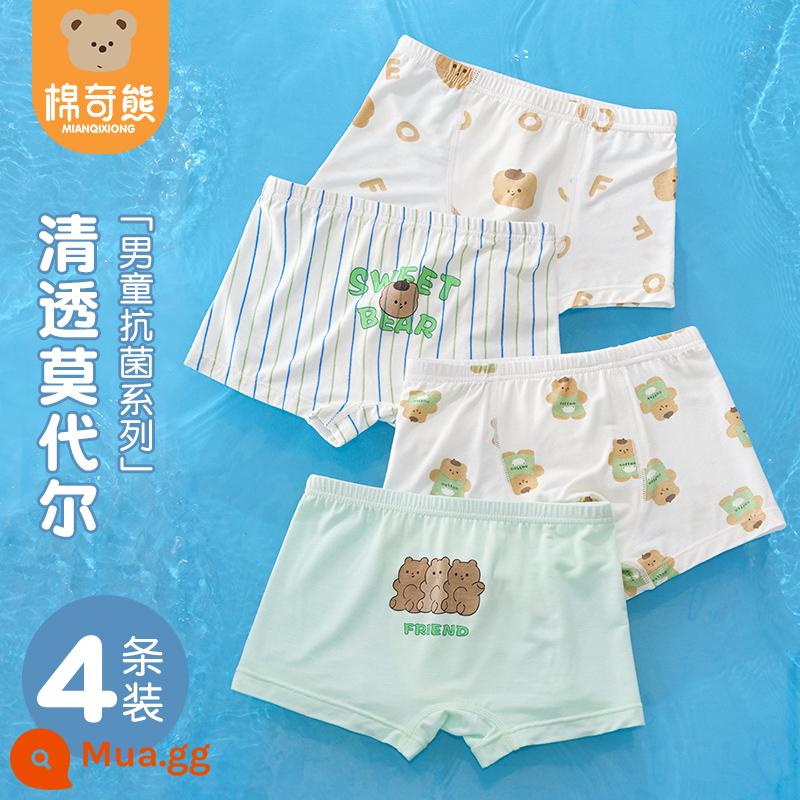 Quần Lót Trẻ Em Nam Cotton Nguyên Chất Quần Boxer Lưới An Toàn Cho Bé Quần Bé Trai Đầu Bé Trai Mùa Hè Quần Lót Boxer Mỏng - Gấu cỏ xanh (Phong cách mùa hè) 4 miếng