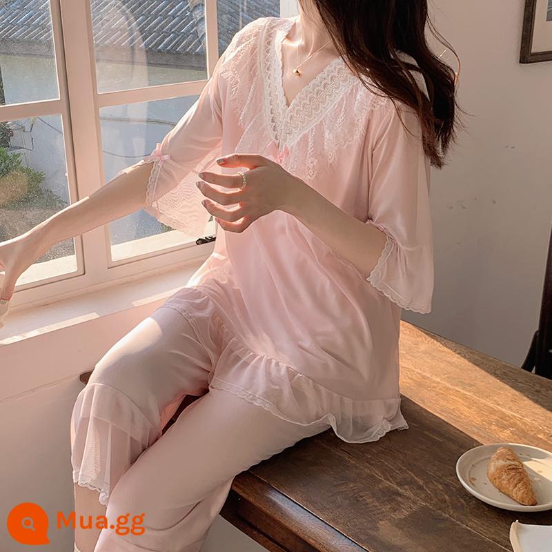 Xuân Thu Modal cotton dài tay quần ren ngọt ngào phong cách công chúa cổ tích thường ngày 2 bộ trang phục dành cho nữ - 526 hồng [quần crop ngắn tay]