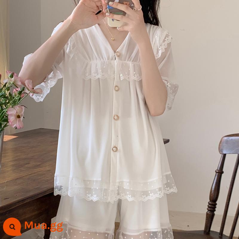 Xuân Thu Modal cotton dài tay quần ren ngọt ngào phong cách công chúa cổ tích thường ngày 2 bộ trang phục dành cho nữ - 521# trắng [quần short ngắn tay]