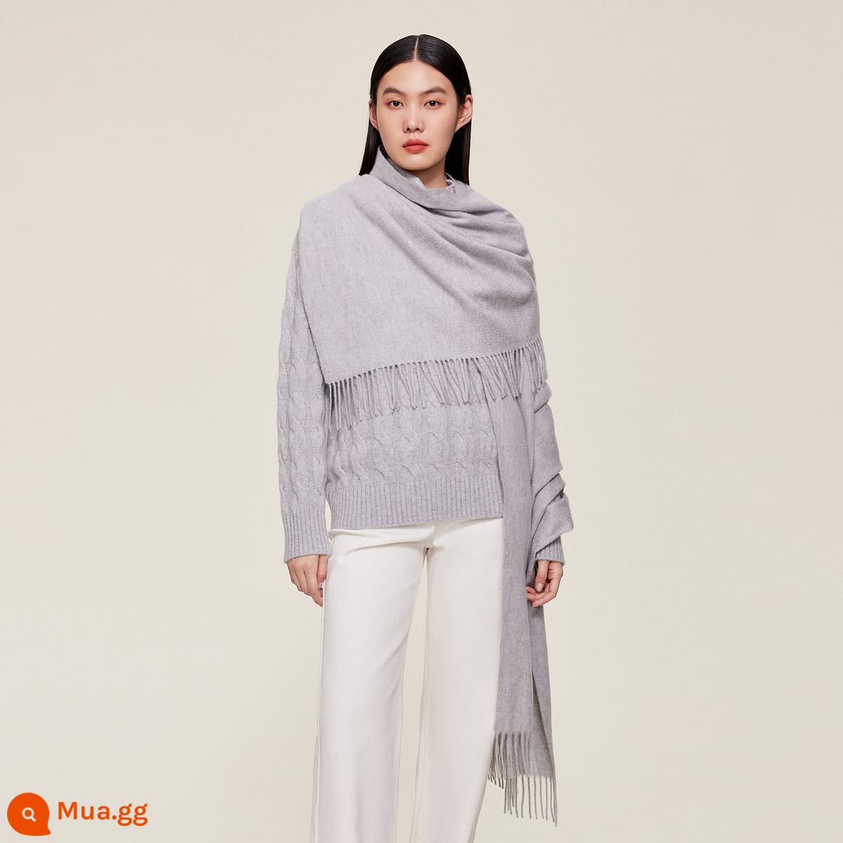 Khăn choàng cashmere tinh khiết Ordos 1980 ấm áp đa năng trong mùa thu đông trang trí tua rua - Màu xám nông