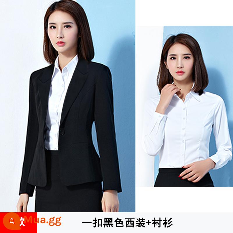 Blazer nữ chuyên nghiệp trang trọng phù hợp với sinh viên đại học xuân thu khí chất cao cấp màu đen nhỏ phù hợp với cuộc phỏng vấn quần áo đi làm - 3) Bộ vest đen + áo sơ mi đen một nút