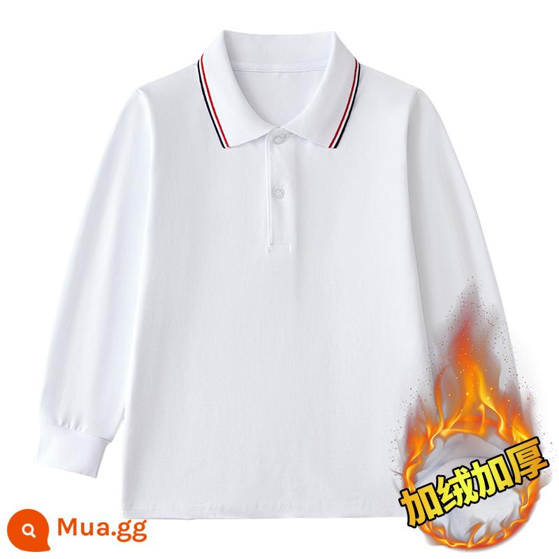 Áo sơ mi Polo trẻ em dài tay có cổ áo thun mùa xuân thu trung và lớn cho bé trai cotton nguyên chất màu trắng đáy áo sơ mi đồng phục học sinh tiểu học nữ - Áo polo lông cừu kiểu tương phản màu trắng