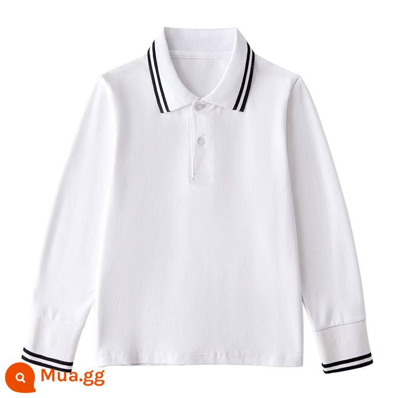 Áo sơ mi Polo trẻ em dài tay có cổ áo thun mùa xuân thu trung và lớn cho bé trai cotton nguyên chất màu trắng đáy áo sơ mi đồng phục học sinh tiểu học nữ - Áo sơ mi polo cổ trắng đen họa tiết