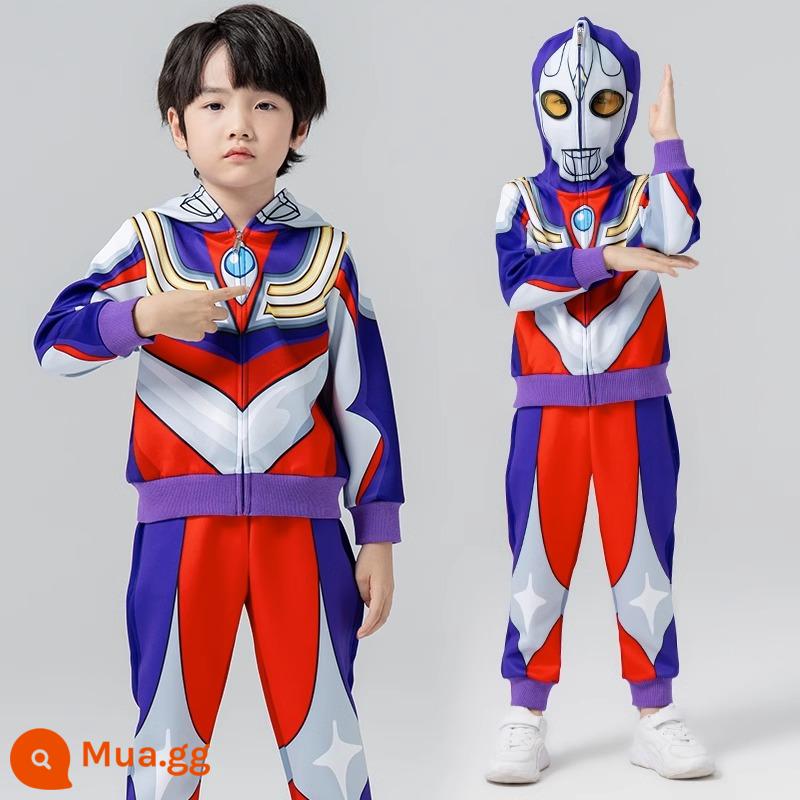 Ultraman quần áo bé trai phù hợp với trẻ em mùa xuân và mùa thu đông quần áo Superman cộng với áo khoác lông cừu Sailo Halloween Zeta - Bộ áo khoác Xuân Thu nâng cấp [Diga]