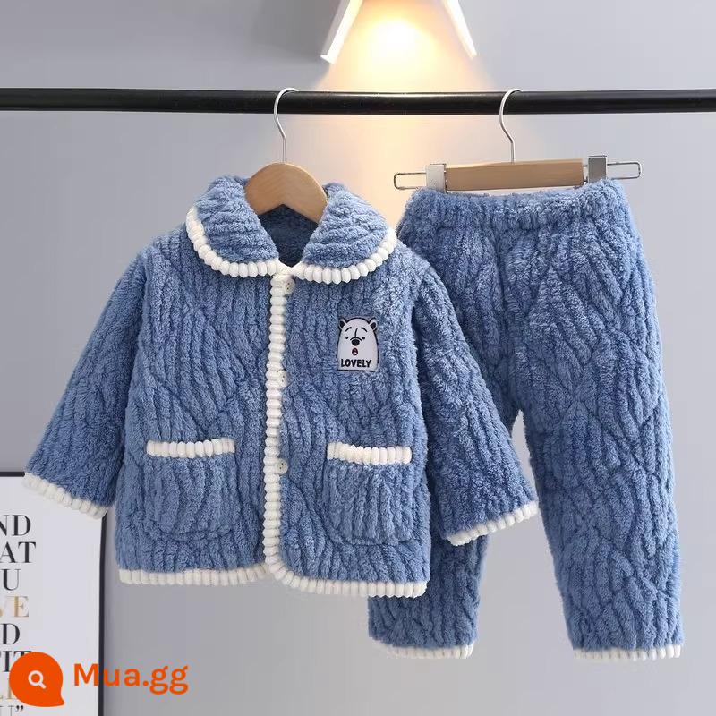 Bộ đồ ngủ mùa đông trẻ em flannel ba lớp dày phù hợp với bé trai và bé gái quần áo ấm áp cho trẻ em trung niên trở lên - Gấu xanh