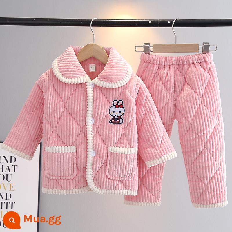 Bộ đồ ngủ mùa đông trẻ em flannel ba lớp dày phù hợp với bé trai và bé gái quần áo ấm áp cho trẻ em trung niên trở lên - thỏ sọc hồng tiềm ẩn