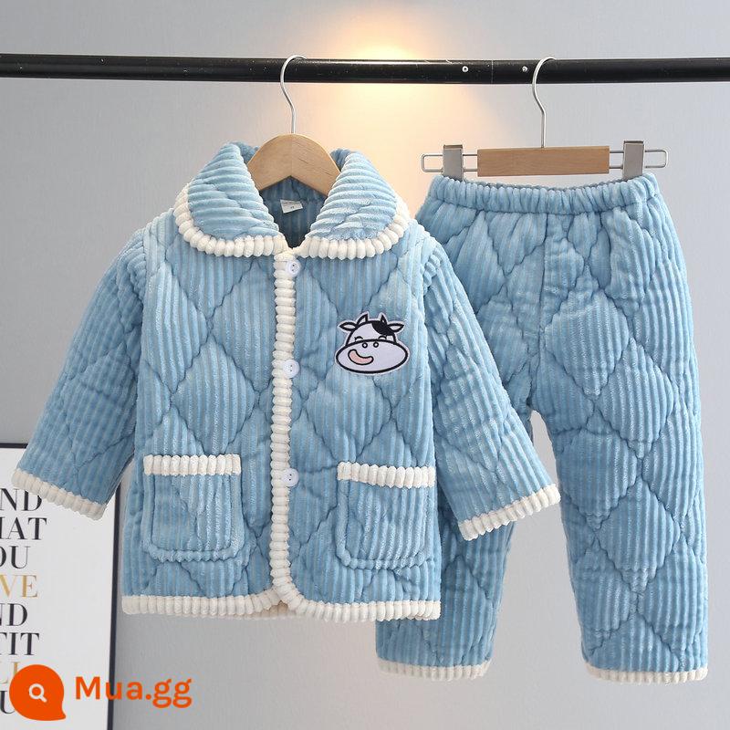 Bộ đồ ngủ mùa đông trẻ em flannel ba lớp dày phù hợp với bé trai và bé gái quần áo ấm áp cho trẻ em trung niên trở lên - bê sọc xanh da trời