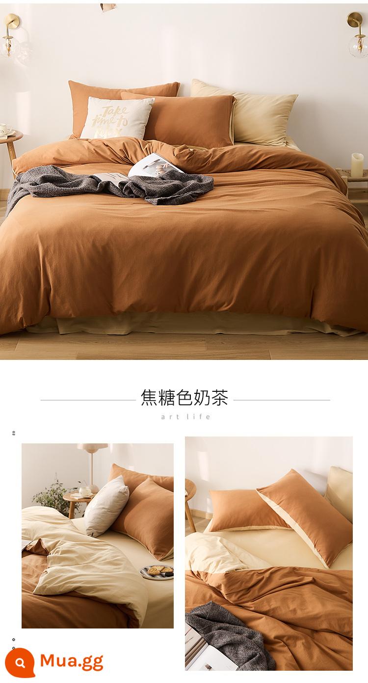 Bộ 4 mảnh cotton Tianzhu dệt kim loại A dành cho trẻ em cotton nguyên chất 100 cotton ga trải giường đơn giản được trang bị ga trải giường - Trà sữa caramen