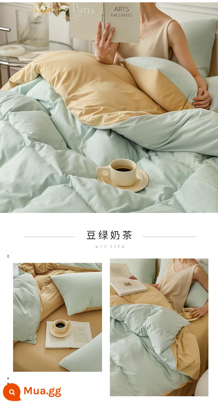 Bộ 4 mảnh cotton Tianzhu dệt kim loại A dành cho trẻ em cotton nguyên chất 100 cotton ga trải giường đơn giản được trang bị ga trải giường - Trà sữa đậu xanh xanh lam