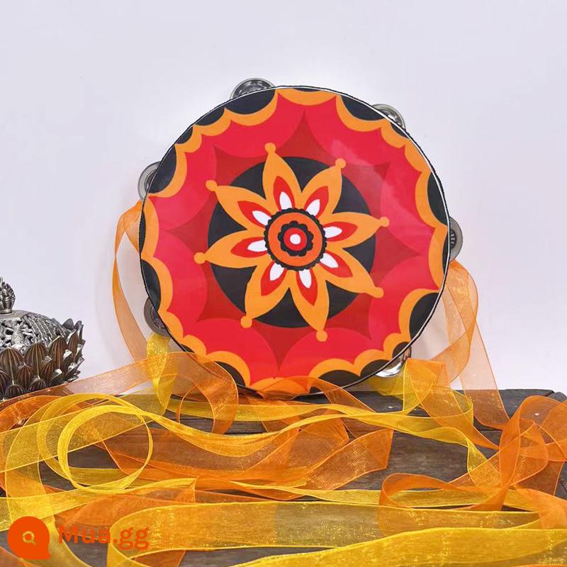 Đôn Hoàng Bay Tambourine Cổ Đạo Cụ Tambourine Hanfu Trẻ Em Cầm Tay Ảnh Trống Ruy Băng Trống Đường Trống Nhạc Cụ Múa - Ruy băng hai màu đỏ Đôn Hoàng màu cam và vàng có viền trắng