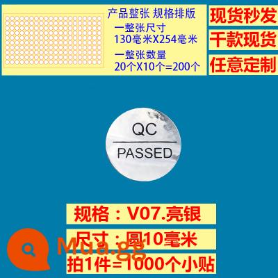 Giấy chứng nhận kiểm định Kiểm định viên QCPASSED sản phẩm đủ tiêu chuẩn nhãn kiểm tra chất lượng laser câm bạc sáng bạc - 7 miếng dán hình tròn bạc sáng 10-QCPASSED-1000