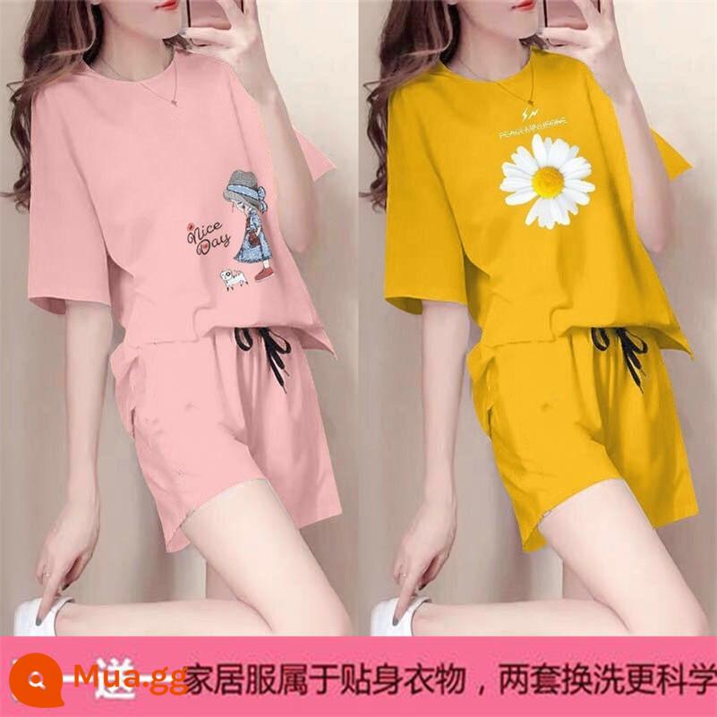 Mùa hè 2021 mới cotton áo thun ngắn tay nữ + quần short giản dị bộ đồ thể thao học sinh lưới đỏ bạn gái 2 bộ - X công chúa hồng + cúc vàng