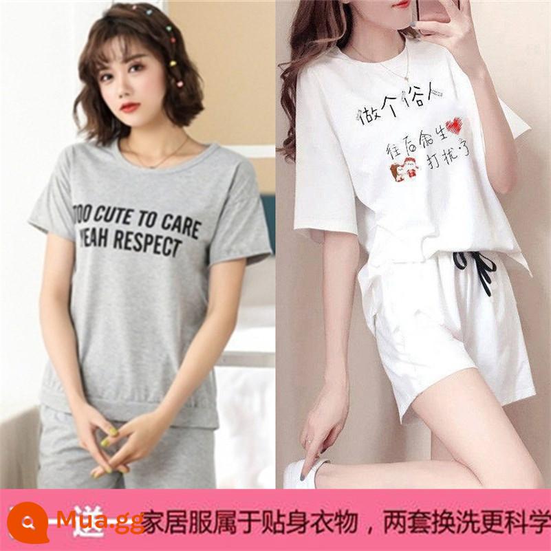 Mùa hè 2021 mới cotton áo thun ngắn tay nữ + quần short giản dị bộ đồ thể thao học sinh lưới đỏ bạn gái 2 bộ - Chữ X màu xám + người da trắng