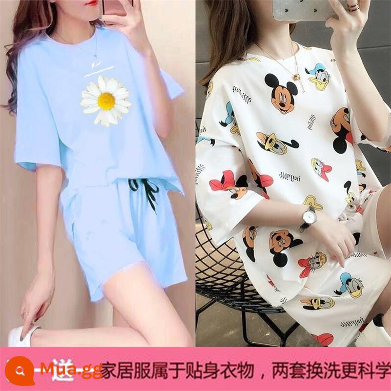 Mùa hè 2021 mới cotton áo thun ngắn tay nữ + quần short giản dị bộ đồ thể thao học sinh lưới đỏ bạn gái 2 bộ - XBlue Daisy + Mickey trắng