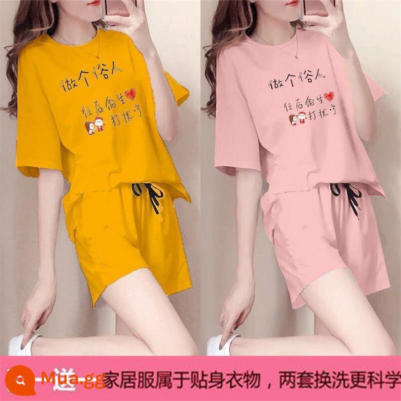 Mùa hè 2021 mới cotton áo thun ngắn tay nữ + quần short giản dị bộ đồ thể thao học sinh lưới đỏ bạn gái 2 bộ - X cư sĩ vàng + cư sĩ hồng