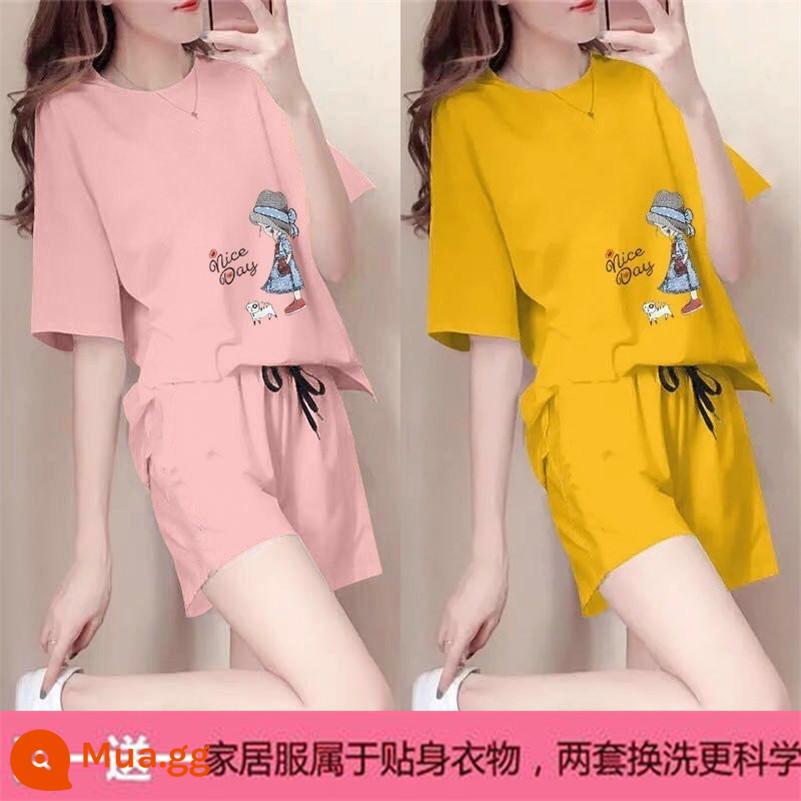 Mùa hè 2021 mới cotton áo thun ngắn tay nữ + quần short giản dị bộ đồ thể thao học sinh lưới đỏ bạn gái 2 bộ - X công chúa hồng + công chúa vàng