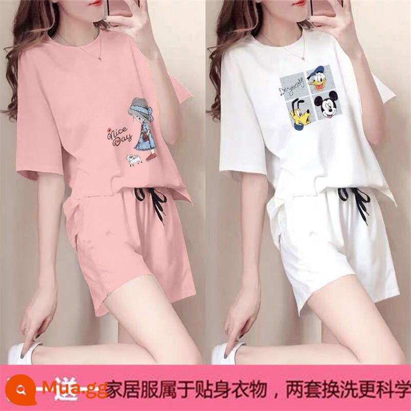 Mùa hè 2021 mới cotton áo thun ngắn tay nữ + quần short giản dị bộ đồ thể thao học sinh lưới đỏ bạn gái 2 bộ - X công chúa hồng + vịt trắng