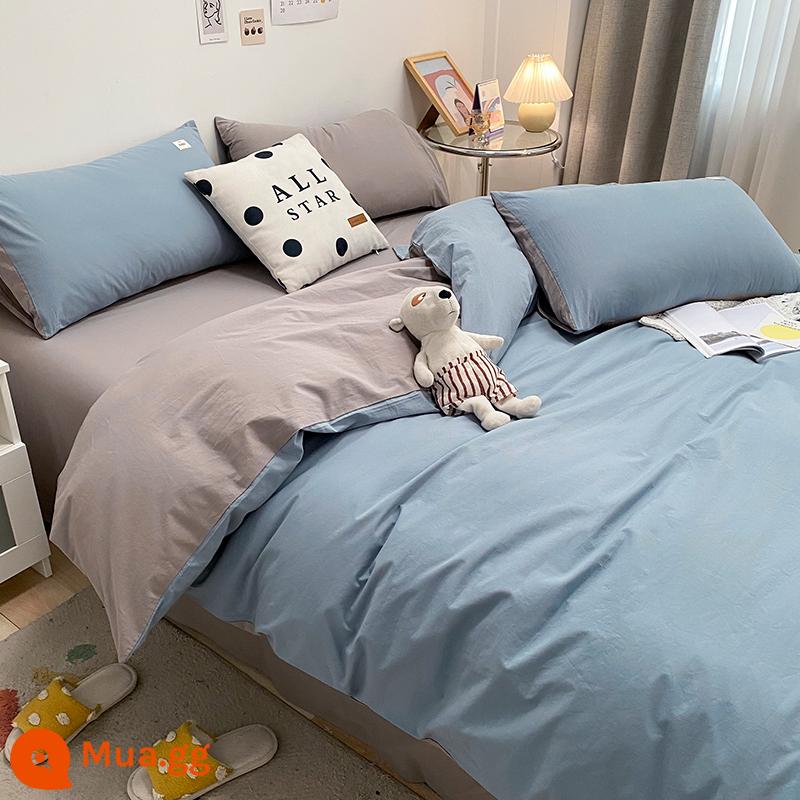 Ins Bắc Âu giặt bông giường 4 món 100 cotton đơn giản ga trải giường vỏ chăn mũ nón nam ký túc xá 3 món - Phiên bản M đôi - LC xám nhạt