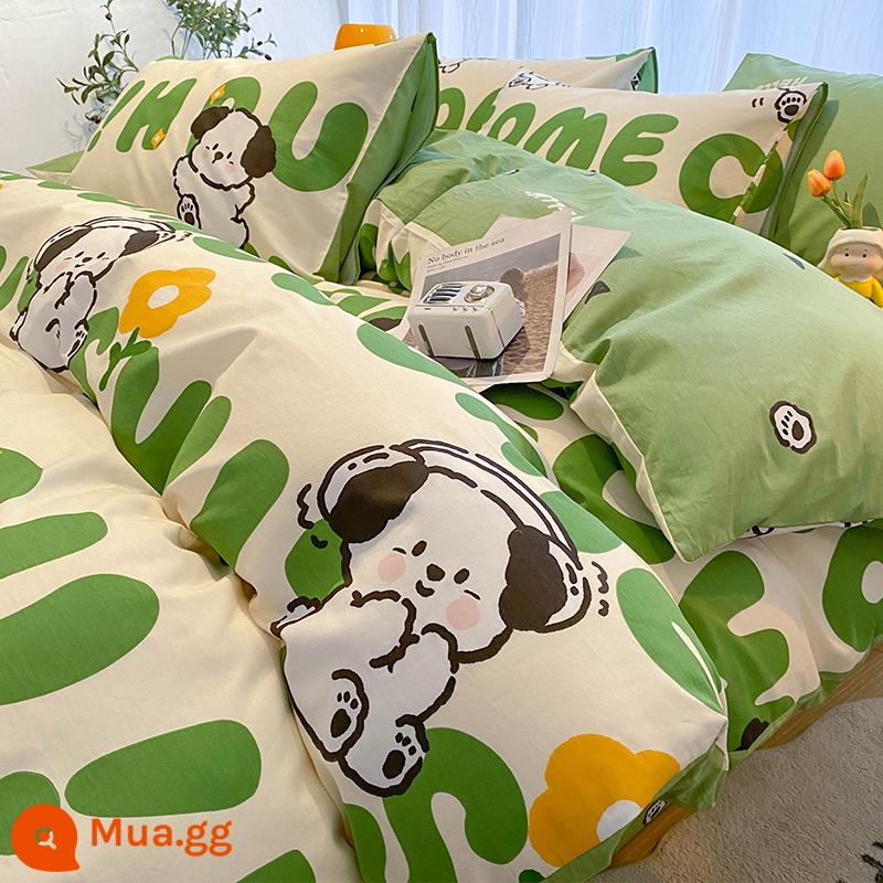 Bắc Âu Ins Phong Cách Cotton Bộ 4 Cotton Nguyên Chất Trẻ Em Vỏ Chăn Ký Túc Xá Sinh Viên Giường 3 Bộ Chăn Ga Gối 4 - Chú chó chữ M màu xanh lá cây TZJJ