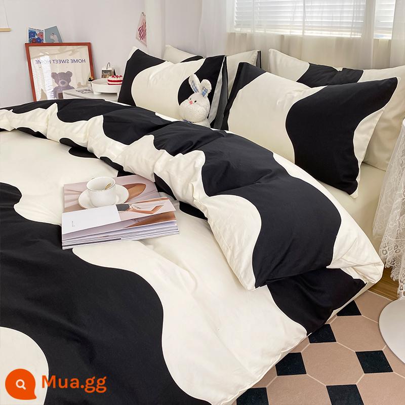 Ins Đơn Giản Gió Giường Bộ 4 Cotton Nguyên Chất 100 Vỏ Chăn Bé Trai Ký Túc Xá 3 Bộ Chăn Ga Gối - M sóng đen trắng [100% cotton, mềm mại và thân thiện với da]