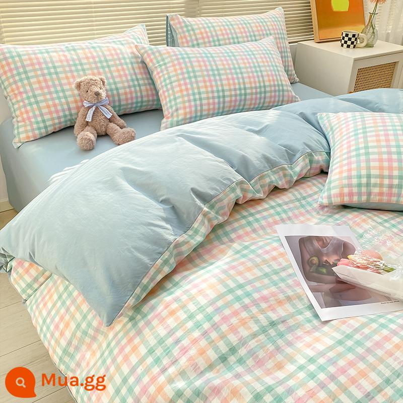 Ins Bắc Âu giặt bông giường 4 món 100 cotton đơn giản ga trải giường vỏ chăn mũ nón nam ký túc xá 3 món - Kem M xanh LC