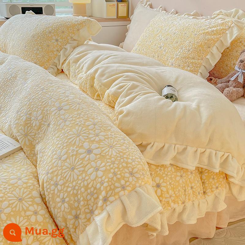 Bed Bed váy sữa Velvet Bốn bộ mền nhung san hô đôi Falerlan cộng với nhung ba giường nhóm - R Nhung Bông Tuyết Màu Vàng