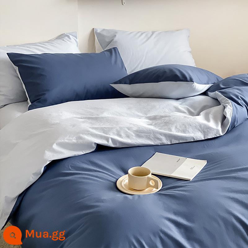 Ins Bắc Âu giặt bông giường 4 món 100 cotton đơn giản ga trải giường vỏ chăn mũ nón nam ký túc xá 3 món - M đôi kết hợp xanh biển + xanh nhạt PIG