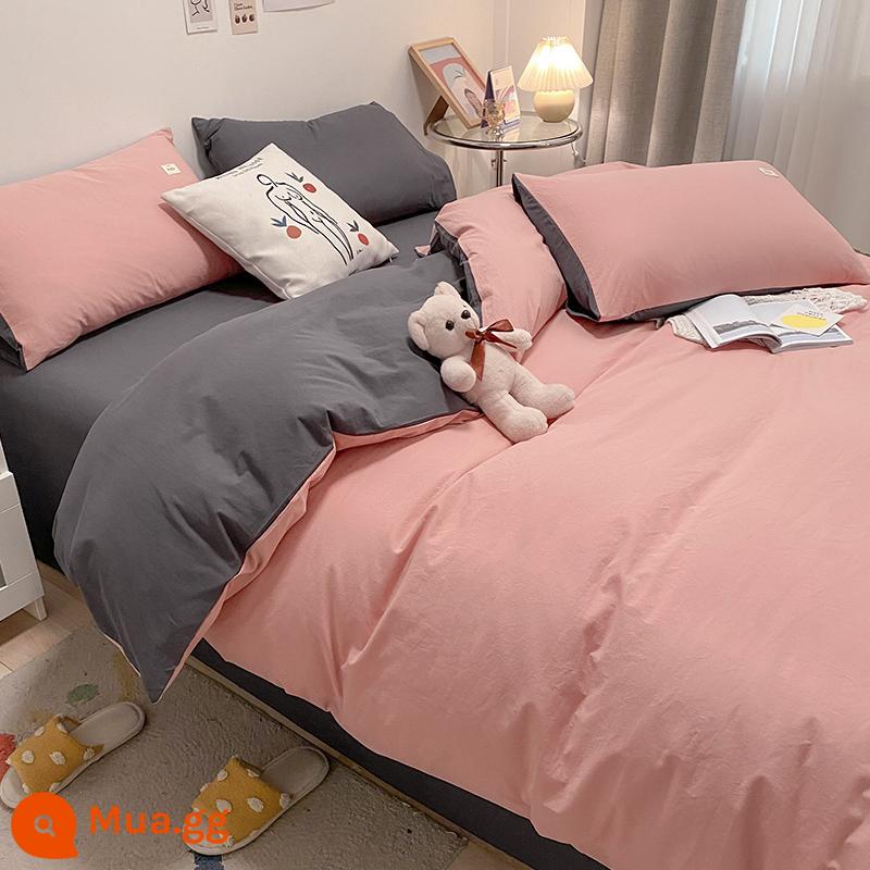 Ins Bắc Âu giặt bông giường 4 món 100 cotton đơn giản ga trải giường vỏ chăn mũ nón nam ký túc xá 3 món - M Double Style - Bean Paste Xám Đậm LC