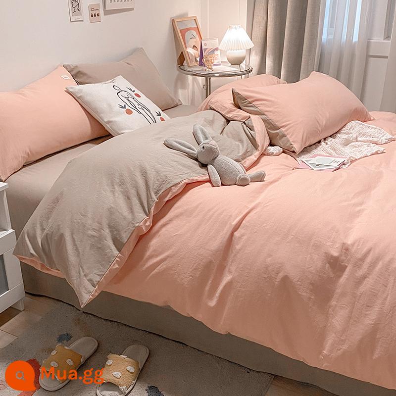 Ins Bắc Âu giặt bông giường 4 món 100 cotton đơn giản ga trải giường vỏ chăn mũ nón nam ký túc xá 3 món - Phiên bản M đôi-kaki hồng LC