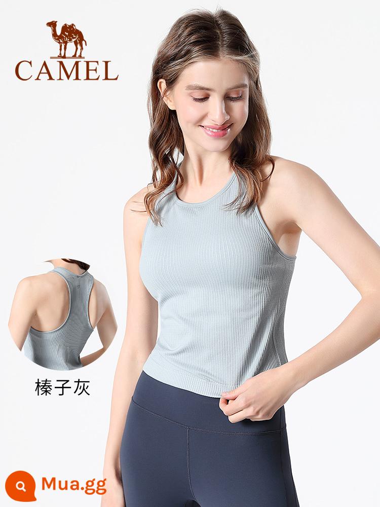 Camel Yoga Suit Vest Advanced Sense Nữ tích hợp liền mạch Ruy băng Miếng đệm ngực Đồ lót Tập thể dục Quần áo Áo khoác ngoài Đế sau đẹp - YF52252008, màu xám hạt dẻ