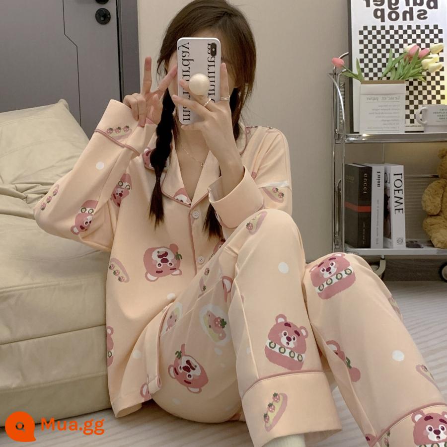 Bộ đồ ngủ mùa xuân và mùa thu của phụ nữ cotton nguyên chất dài tay có ve áo hoạt hình dễ thương sinh viên cardigan mùa thu cao cấp phục vụ tại nhà phù hợp với - gấu mâm xôi