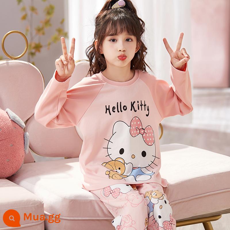 Bộ đồ ngủ bé gái xuân thu cotton nguyên chất dài tay phù hợp với trẻ em hoạt hình dễ thương quế chó bé gái quần áo mặc nhà mùa thu - 33391-Xin chào