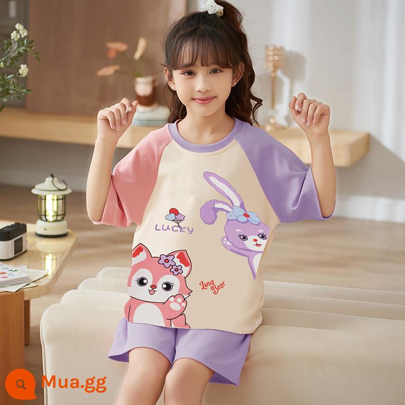 Bộ đồ ngủ trẻ em bé gái mùa hè cotton nguyên chất ngắn tay phần mỏng điều hòa quần áo bé gái Bộ đồ phục vụ tại nhà Kulomi phong cách phương Tây - 22693-Sao Sương