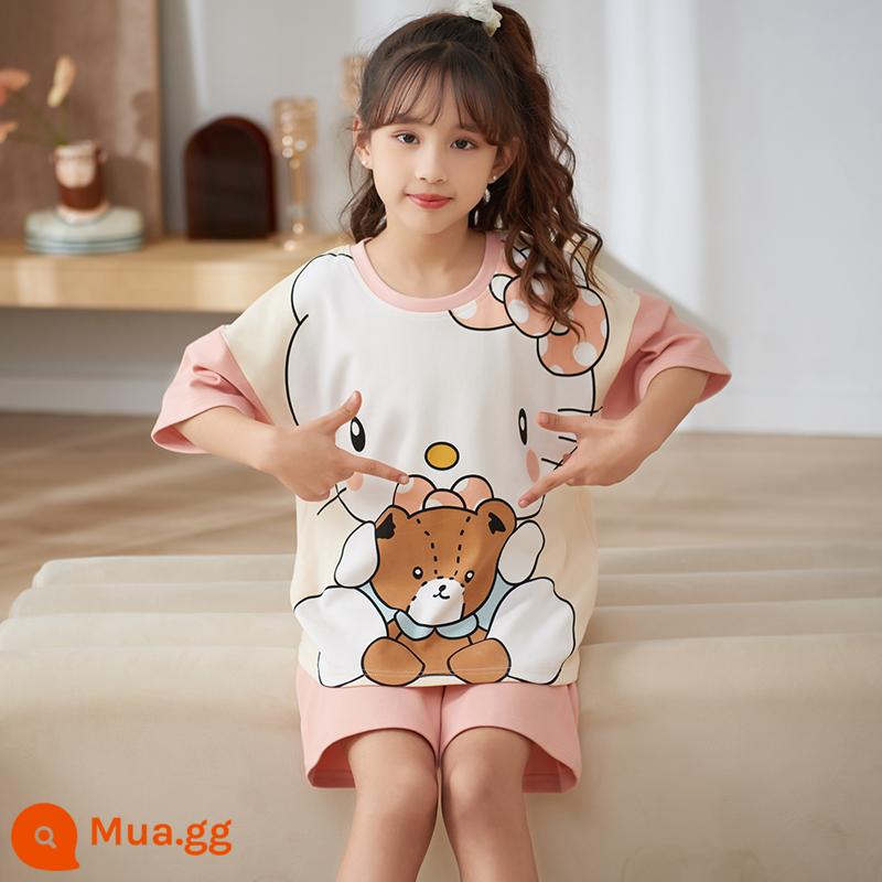 Bộ đồ ngủ trẻ em bé gái mùa hè cotton nguyên chất ngắn tay phần mỏng điều hòa quần áo bé gái Bộ đồ phục vụ tại nhà Kulomi phong cách phương Tây - 22595-Xin chào