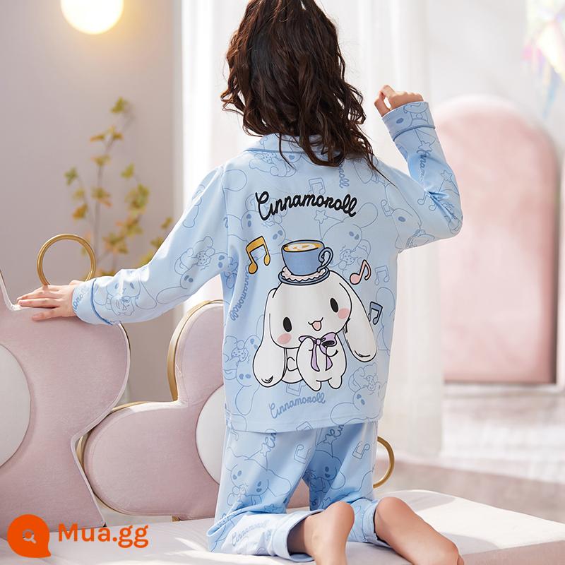 Bộ đồ ngủ trẻ em nữ mùa xuân và mùa thu cotton nguyên chất dài tay cho trẻ em trung và lớn mùa hè bé gái cardigan bé gái quần áo mặc ở nhà 12-15 tuổi - 33407-Quế chó